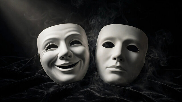 Two Theatre Masks One Smiling and One Blank on Black Velvet With Smoke, Dark Psychology Concept of Deception, Duality and the Hidden Self