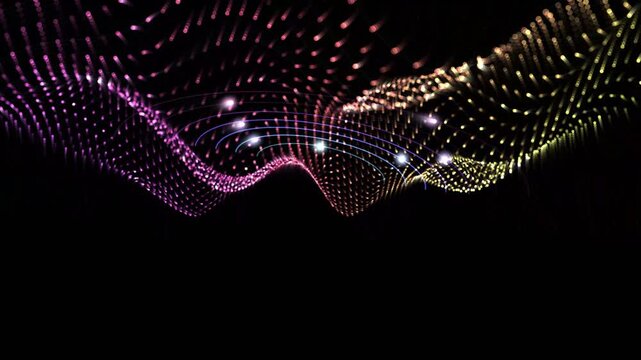Futuristic wave made of glowing blue and pink digital particle streams against black background