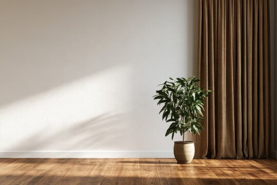 3D-rendered interior with white wall, brown curtain and potted plant on a wooden floor
