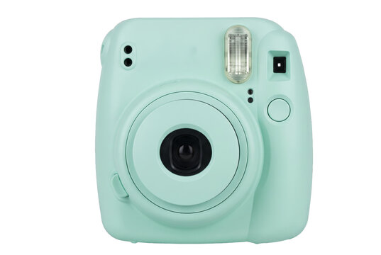 Mint green instant camera with flash and lens