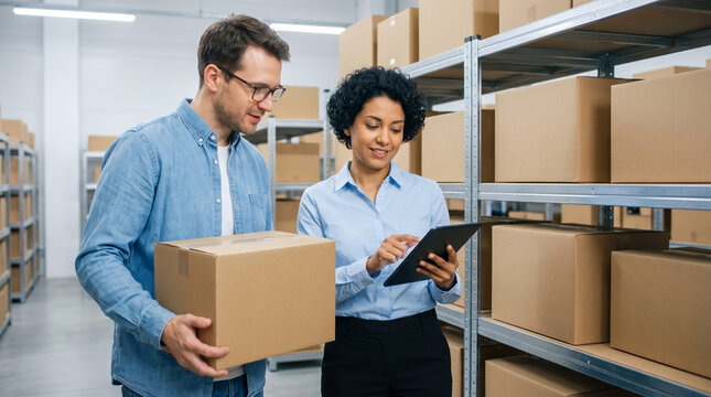 Warehouse workers checking inventory on digital tablet while holding cardboard parcel box for shipment