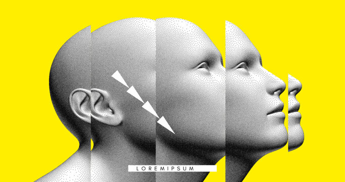 A face composed of displaced fragments. Abstract human head in profile. Psychology. Concept of psychological and mental health issues. 3D vector illustration for a presentation, cover, or brochure.