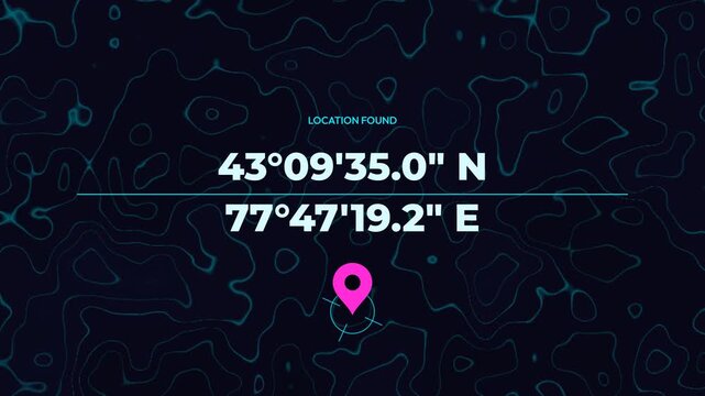 Digital map interface showing location search progress from locating to found with coordinates and topographic lines