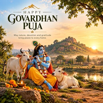 Lord Krishna with Sacred Cows at Sunrise in a Peaceful Braj Landscape, Happy Govardhan Puja Greeting