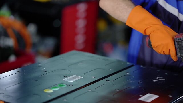 Tight close-up of a cordless drill bit turning a screw on an EV battery module lid, the gloved hand lifting the drill away and moving to the next fixing on the dark pack