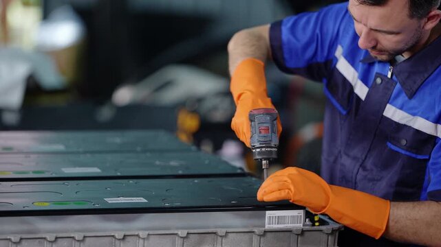 Technician in blue moves along the EV battery pack fastening one screw after another with a cordless drill, his orange gloved hand bracing each module cover as he works
