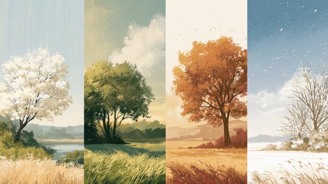 Four Seasons in One Illustration: A watercolor four-panel depiction of spring, summer, autumn, and winter in harmony