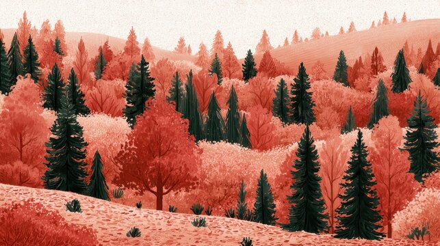 Gentle autumn landscape painting: flat, serene forest with warm pastel hues