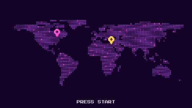 Pixelated world map showing global spread of points of interest over time with press start prompts