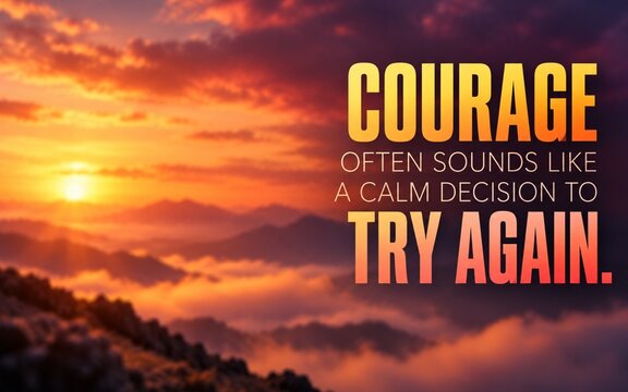Courage and resilience quote against a fiery mountain sunset, celebrating quiet bravery, fresh attempts, perseverance, and the determination to try again.