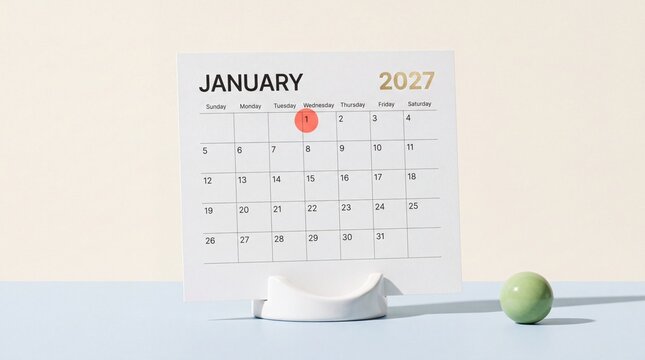 January 2027 calendar page with highlighted date on desk