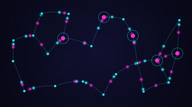 Abstract digital network visualization showing growing connections and data points over time on a dark background with a world map overlay