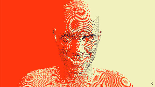 Man laughin. Model of face. People and emotions concept. Voxel art. 3D vector illustration.