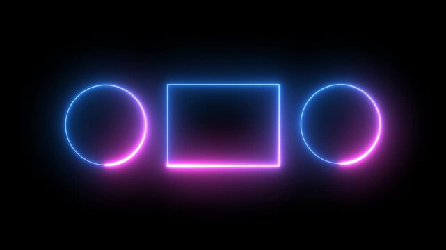 live streaming neon text frame animation. Neon glowing blue and purple color square rectangle picture frame rectangles and circle on black background