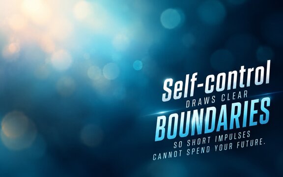 Self-control and boundaries quote on an abstract blue bokeh background, emphasizing impulse management, discipline, thoughtful decisions, and protecting long-term goals.
