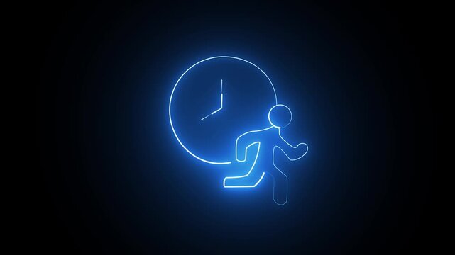 Running silhouette breaking glowing clock barrier on dark background