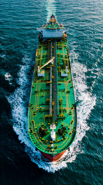A large green and yellow ship is sailing on the ocean