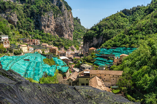 Scenic summer sight in Amalfi with lemon cultivation, Province of Napoli, Campania, Italy.