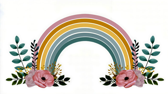 A stylized illustration of a rainbow with a floral border