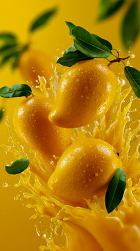 A vibrant and colorful digital artwork featuring a cluster of oranges with juice dripping from them set against a yellow background with green leaves
