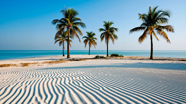 A photograph of a tropical beach scene with palm trees a clear blue sky and a sandy beach with ripple marks