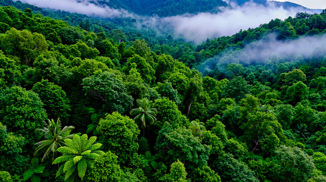 A colorful photograph of a dense lush green forest with a variety of tree types some of which have palm-like leaves and a misty blue-grey sky above