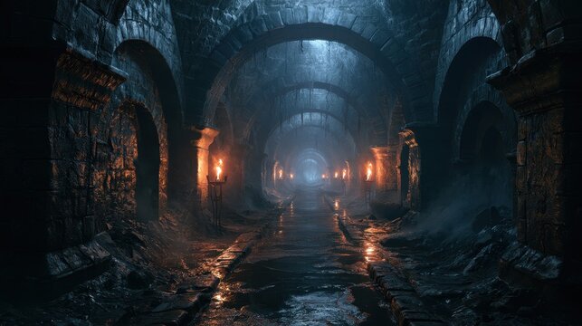Dim stone arches and damp passageways within a vast ancient labyrinth of horror