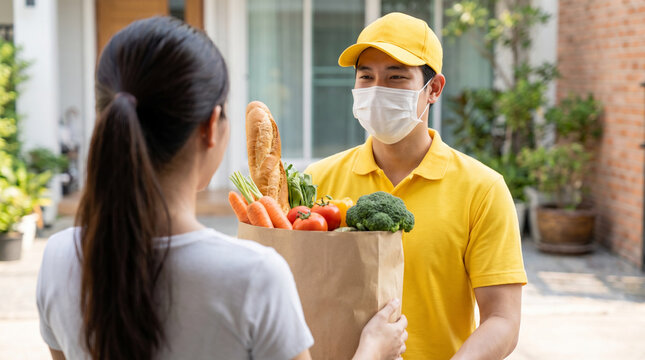 Asian courier wearing mask delivering fresh grocery paper bag to customer at home