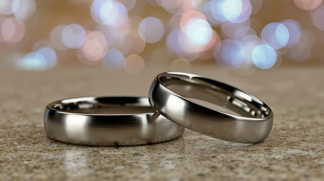 Two silver rings on a marble surface with a bokeh background