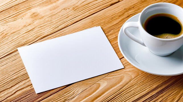 A white coffee cup with a handle on a white saucer on a wooden table