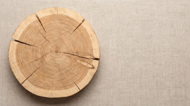 Flat lay of a cross section cut wooden log showing tree rings on natural linen fabric background