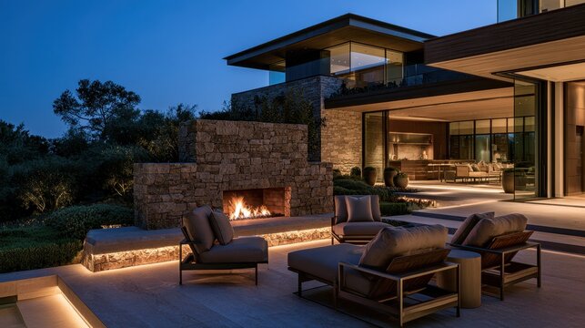 Chic terrace setup with fire-adjacent chairs, glass-walled living area, modern home