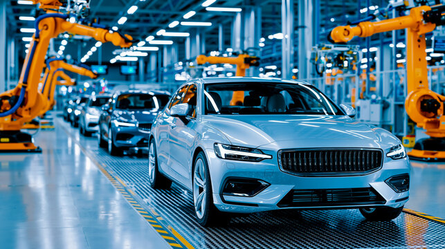 A modern car factory with robotic arms and conveyor belts with a focus on a sleek blue car being assembled