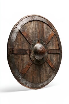 Weathered medieval shield isolated on white background with patina and leather straps