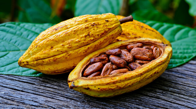 A close-up of a cacao pod with its seeds exposed resting on a wooden surface with green leaves in the background
