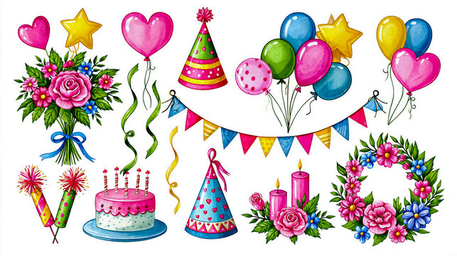 A colorful illustration of various party decorations and items including balloons stars flowers candles and a cake