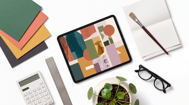 Digital tablet showing abstract art on a creative desk flat lay
