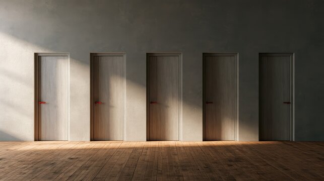 Five closed wooden doors aligned on a grey wall with a wooden floor