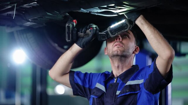 Low angle shot of a technician in a blue work shirt shining an LED inspection lamp on the underbody of a car raised on a lift, steadying a cordless tool in his gloved hand