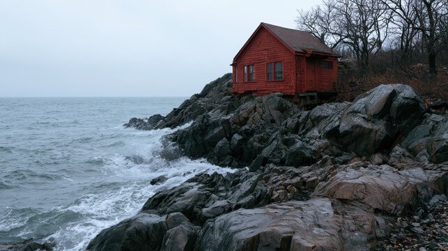Moody coastal dwelling under an overcast autumn sky on a rocky promontory