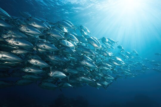 Silver Jack Fish Swarm in Clear Tropical Ocean