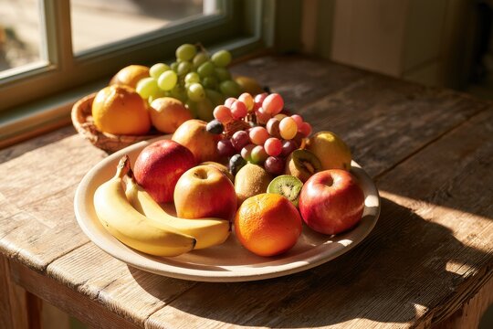 Fresh fruit on a sunlit wooden kitchen table by a bright window