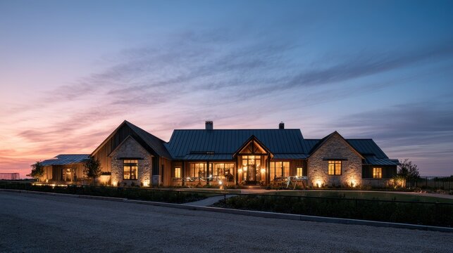Twilight shot of a contemporary farmhouse facade under a pink-blue sky with soft exterior lighting