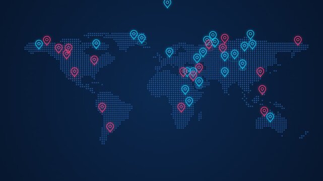 Global network expansion visualized with evolving location pins on a dotted world map over three stages