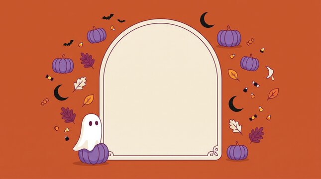 Festive halloween frame with ghost illustration and colorful spooky elements on orange