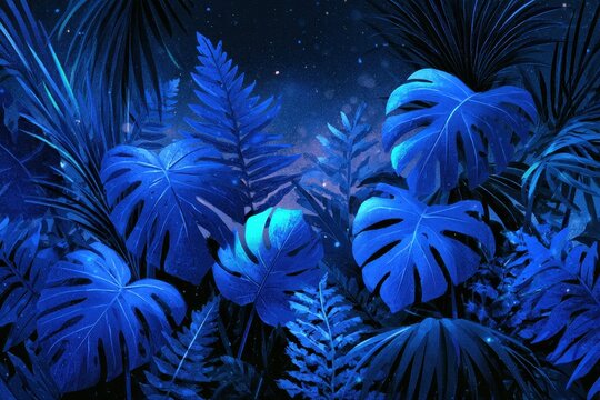 Cosmic botanical art: tropical blue leaves over celestial backdrop