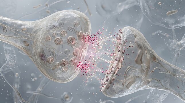 Close up microscopic view showing a chemical synapse transmitting nerve signals between neurons