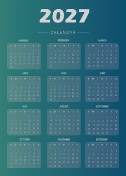 Glassmorphism 2027 Annual Calendar Template with 12 Months, Minimal Blue Gradient Background, Modern Year Planner Design