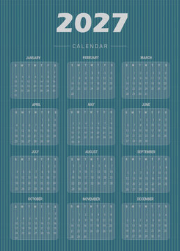 Glassmorphism 2027 Annual Calendar Template with 12 Months, Minimal Blue Gradient Background, Modern Year Planner Design