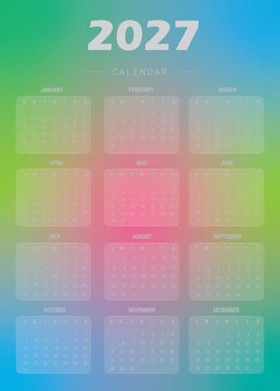 Glassmorphism 2027 Annual Calendar Template with 12 Months, Minimal Blue Gradient Background, Modern Year Planner Design